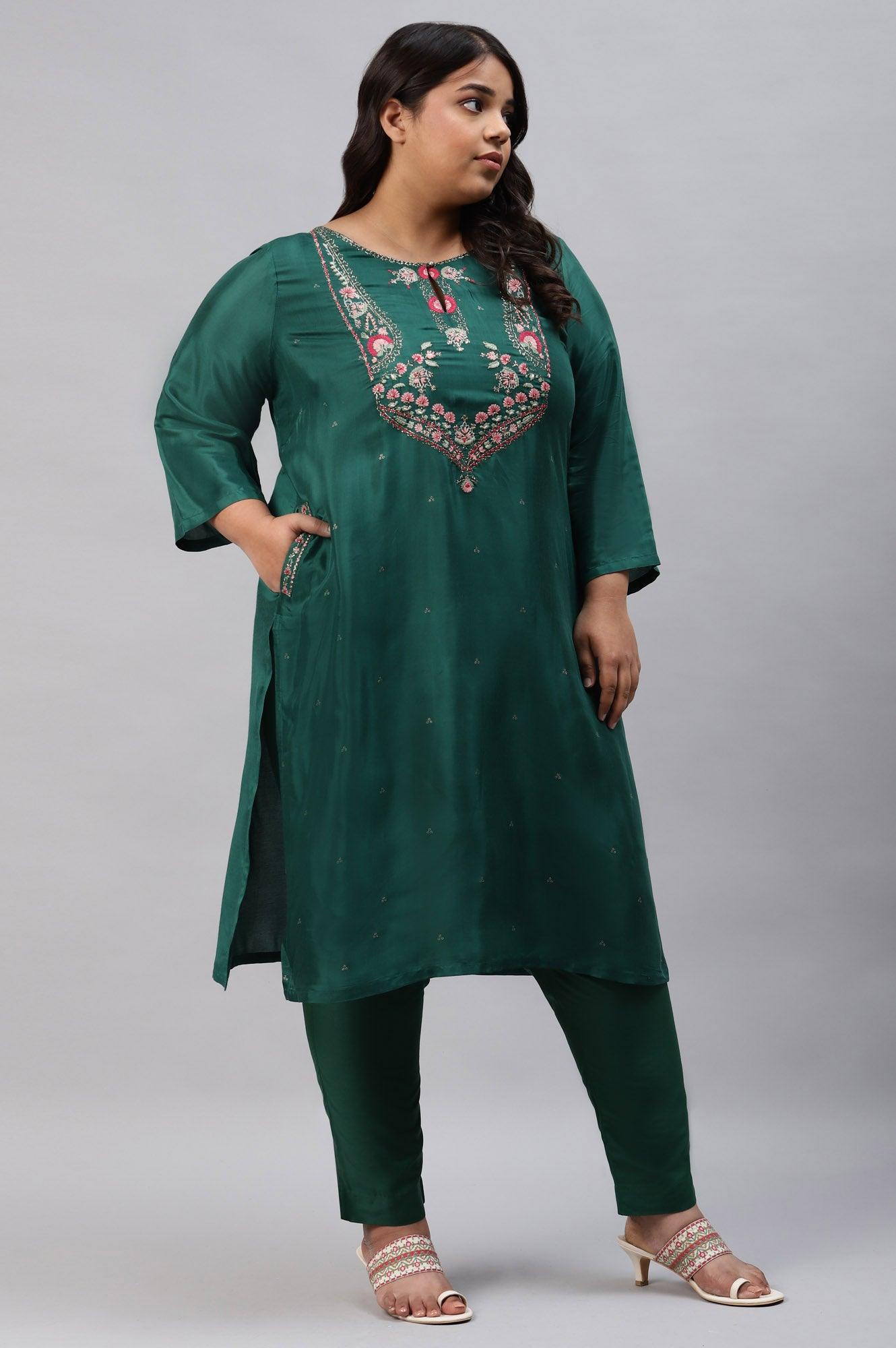 Plus Size Green Glitter Printed Embroidered kurta - wforwoman