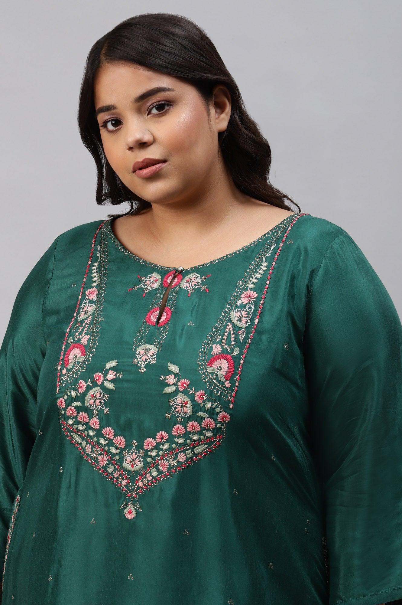 Plus Size Green Glitter Printed Embroidered kurta - wforwoman