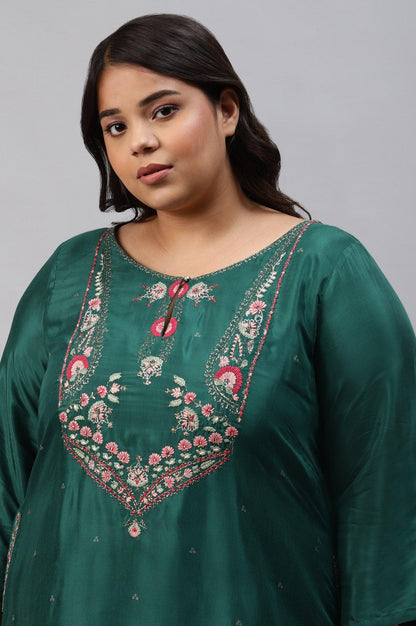 Plus Size Green Glitter Printed Embroidered kurta - wforwoman