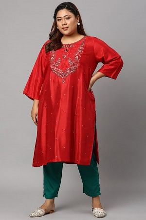 Plus Size Red Embroidered Shantung kurta with Green Slim Pants - 20