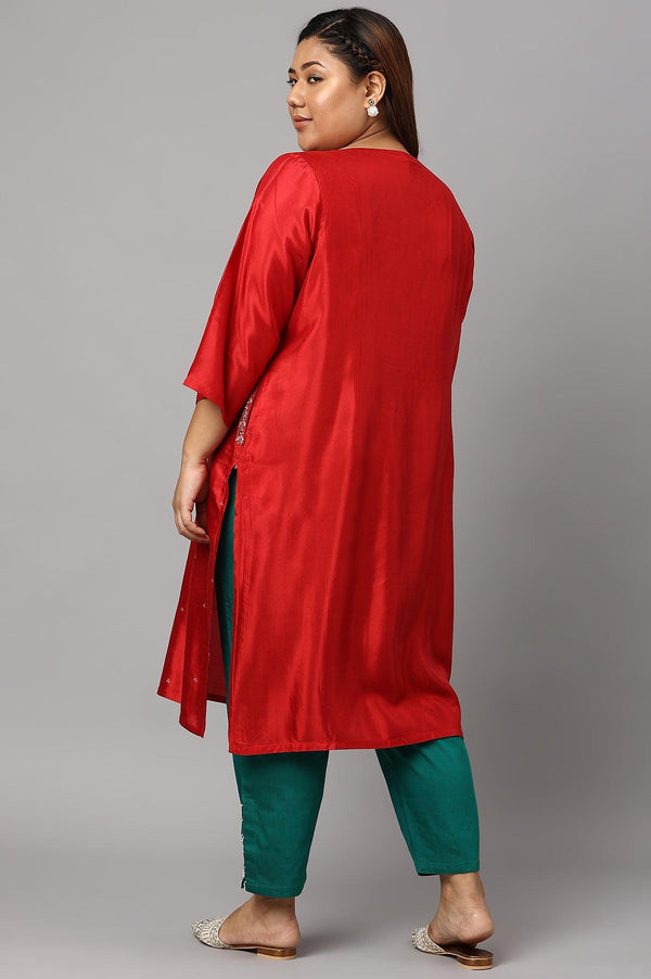 Plus Size Red Embroidered Shantung kurta
