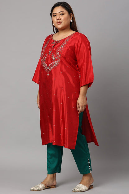 Plus Size Red Embroidered Shantung kurta - wforwoman