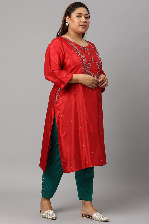 Plus Size Red Embroidered Shantung kurta
