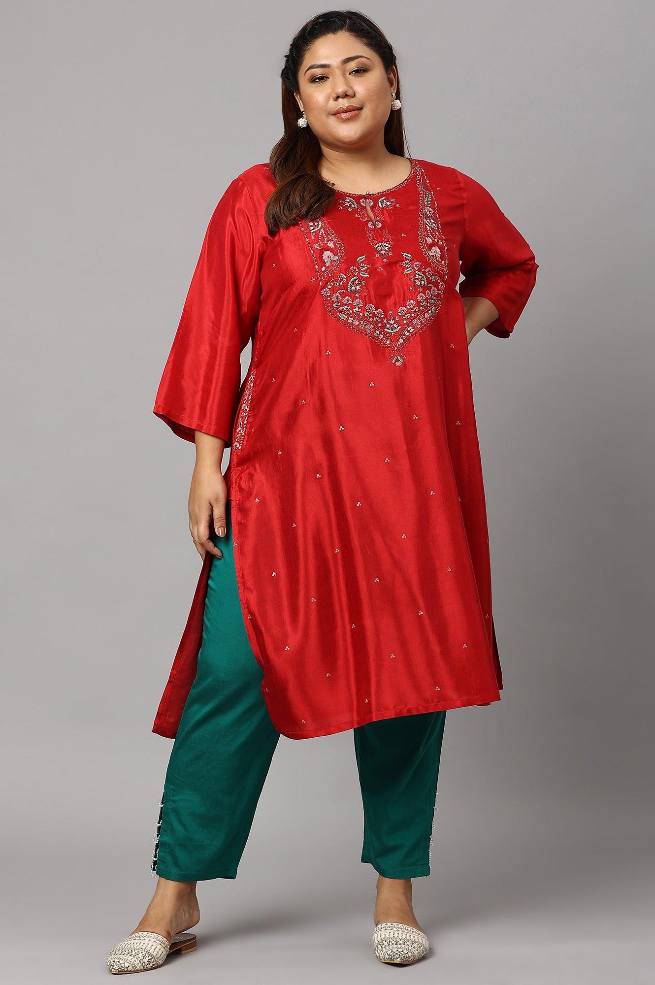 Plus Size Red Embroidered Shantung kurta - wforwoman