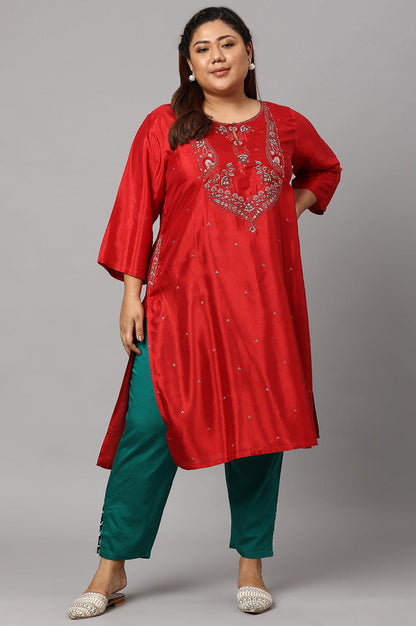 Plus Size Red Embroidered Shantung kurta - wforwoman
