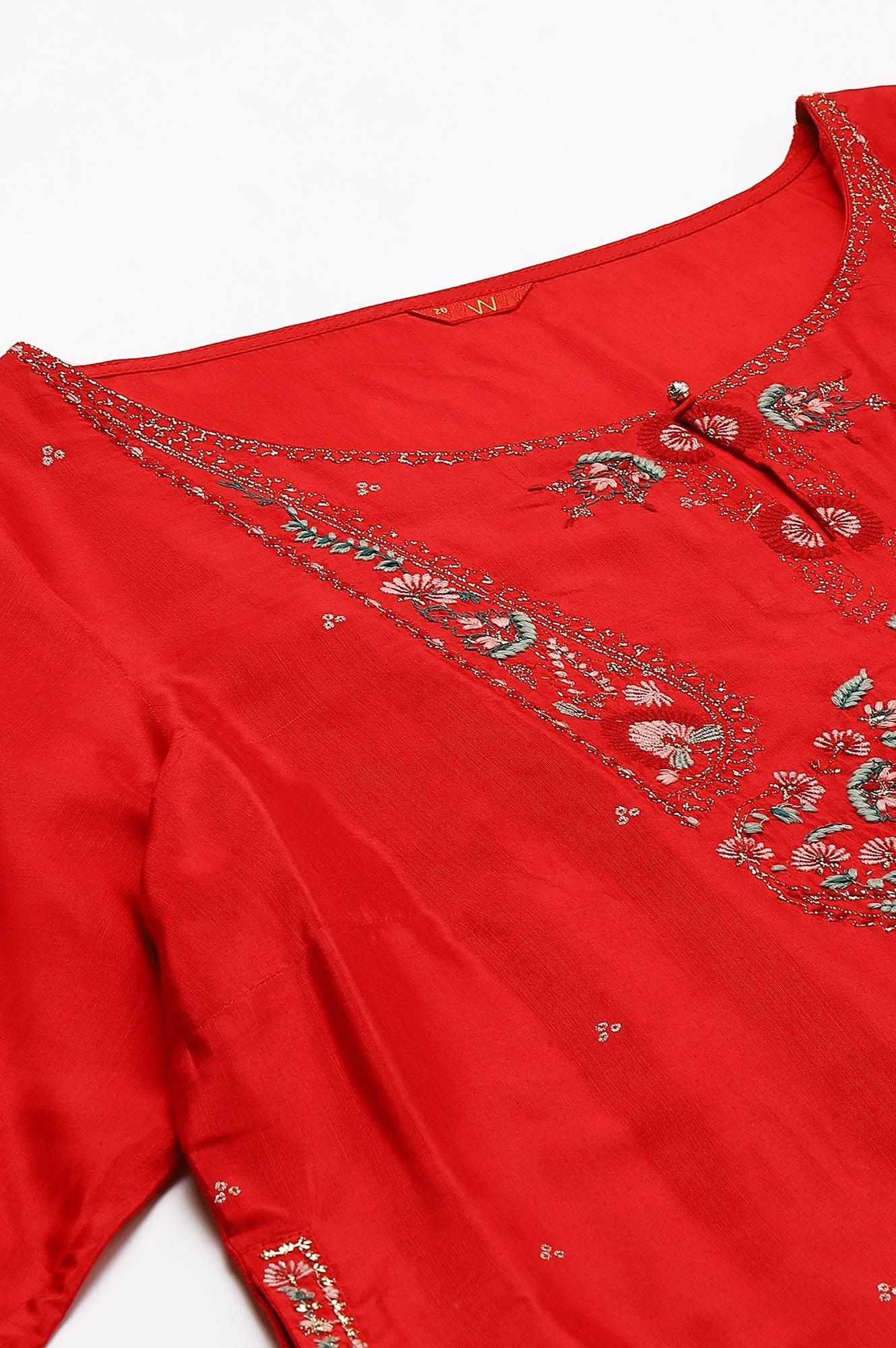Plus Size Red Embroidered Shantung kurta - wforwoman