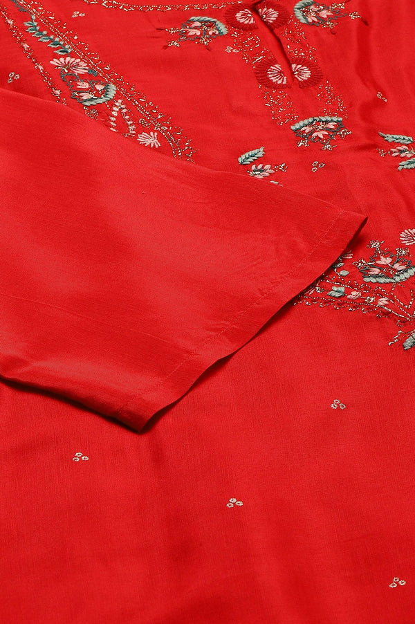 Plus Size Red Embroidered Shantung kurta