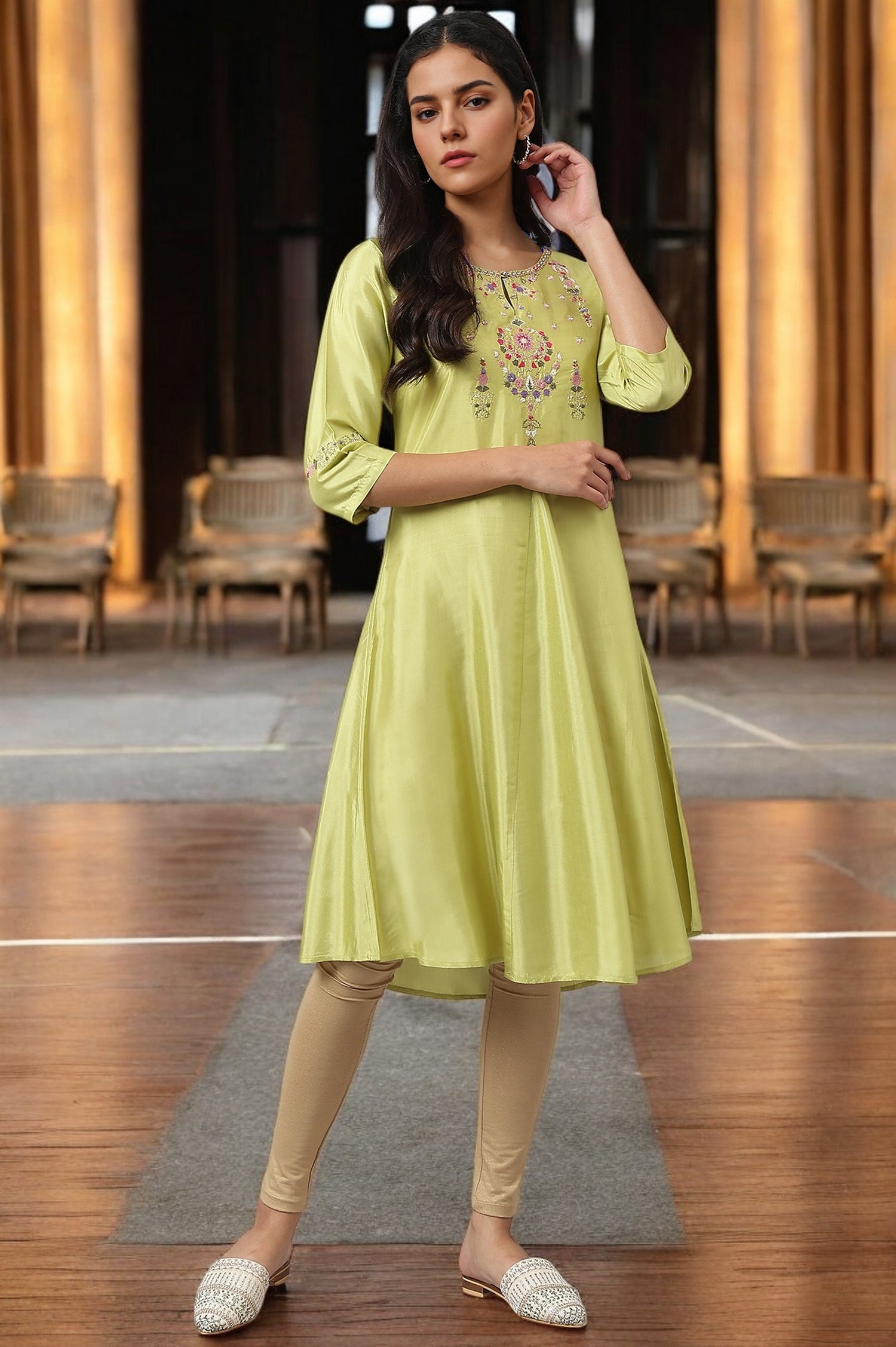 Green Embroidered A-Line kurta