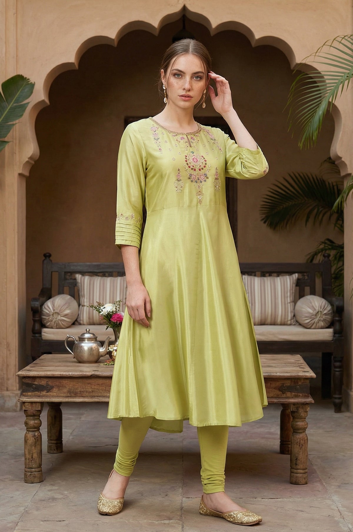 Green Embroidered A-Line kurta