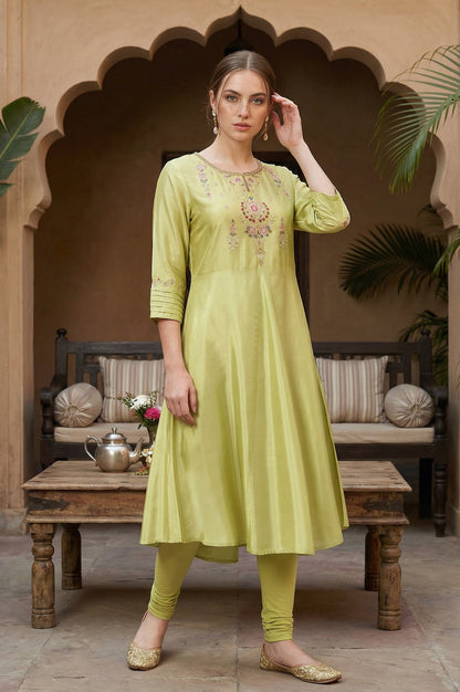 Green Embroidered A-Line kurta