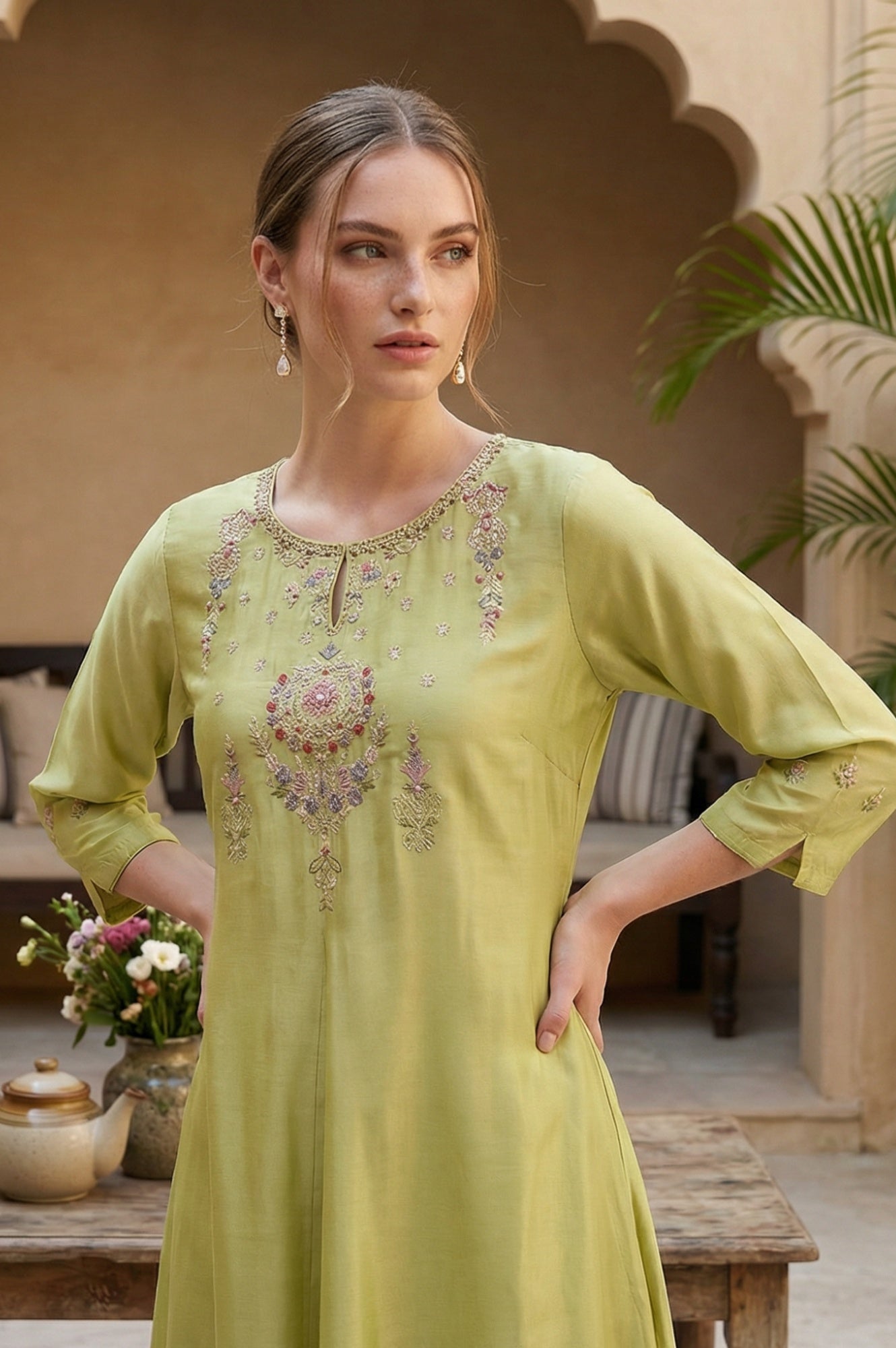Green Embroidered A-Line kurta