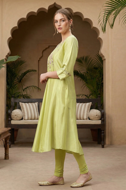 Green Embroidered A-Line kurta