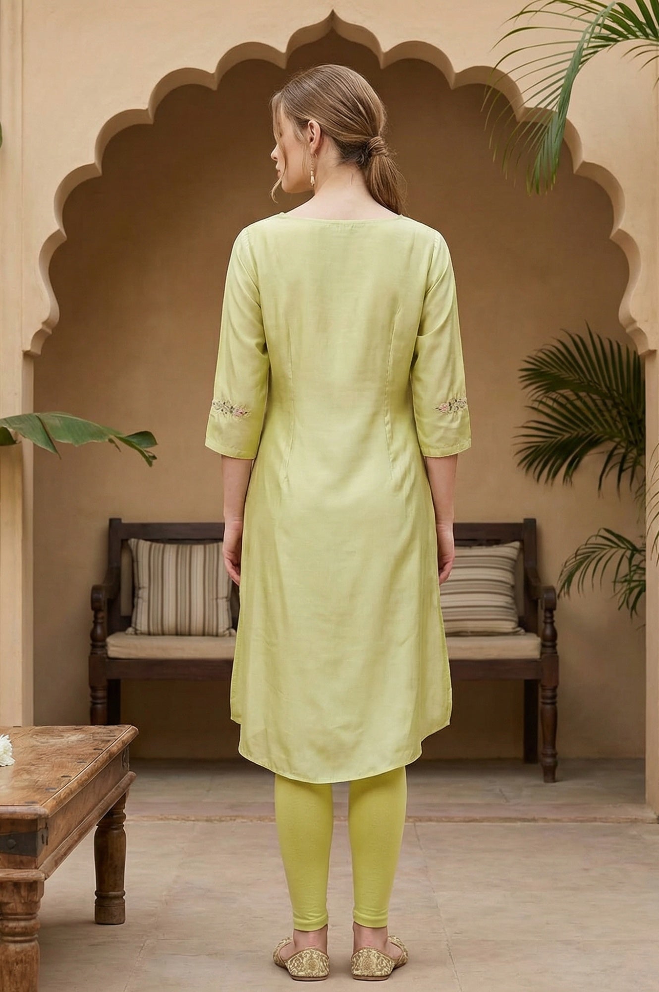 Green Embroidered A-Line kurta