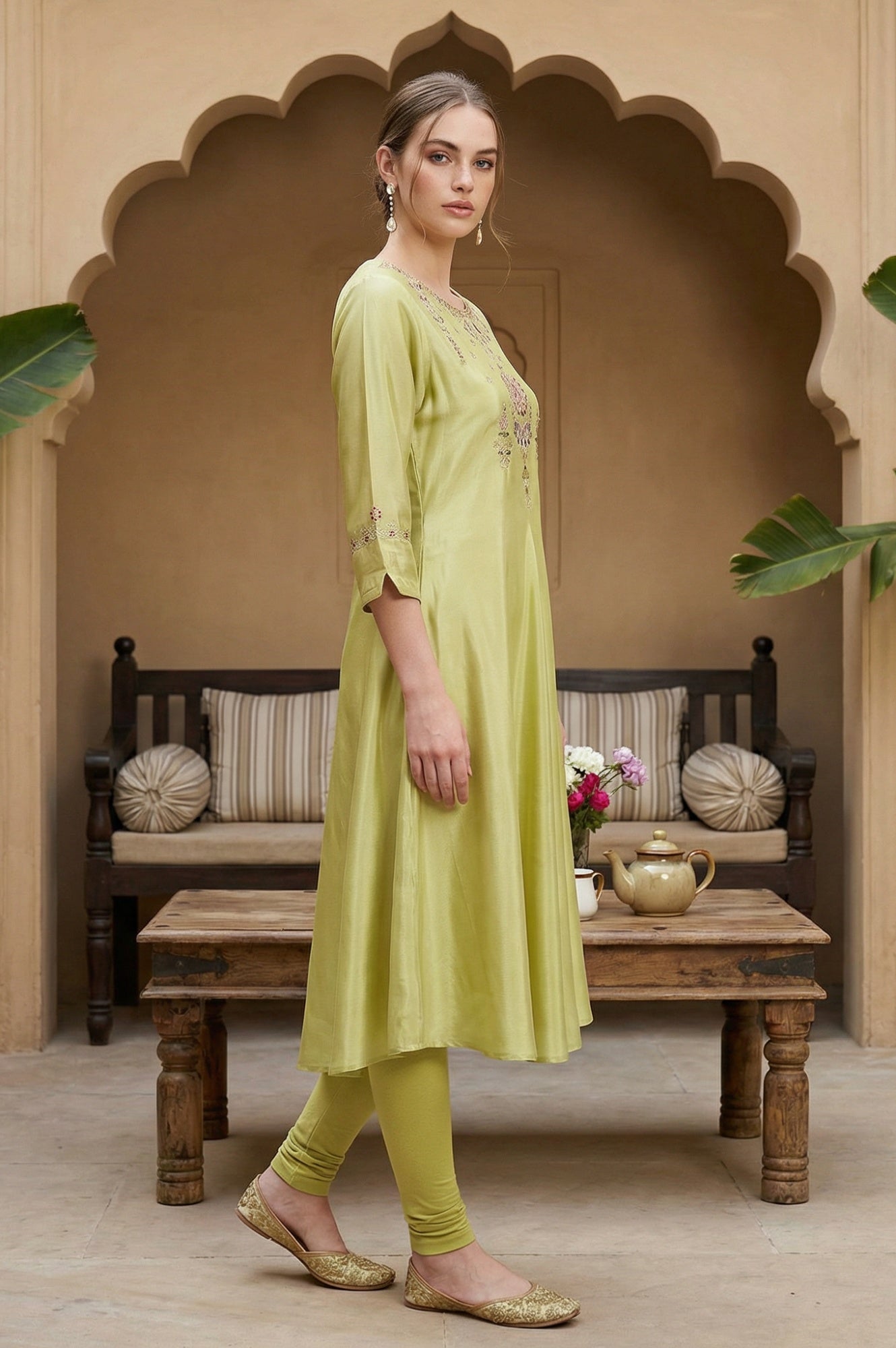 Green Embroidered A-Line kurta