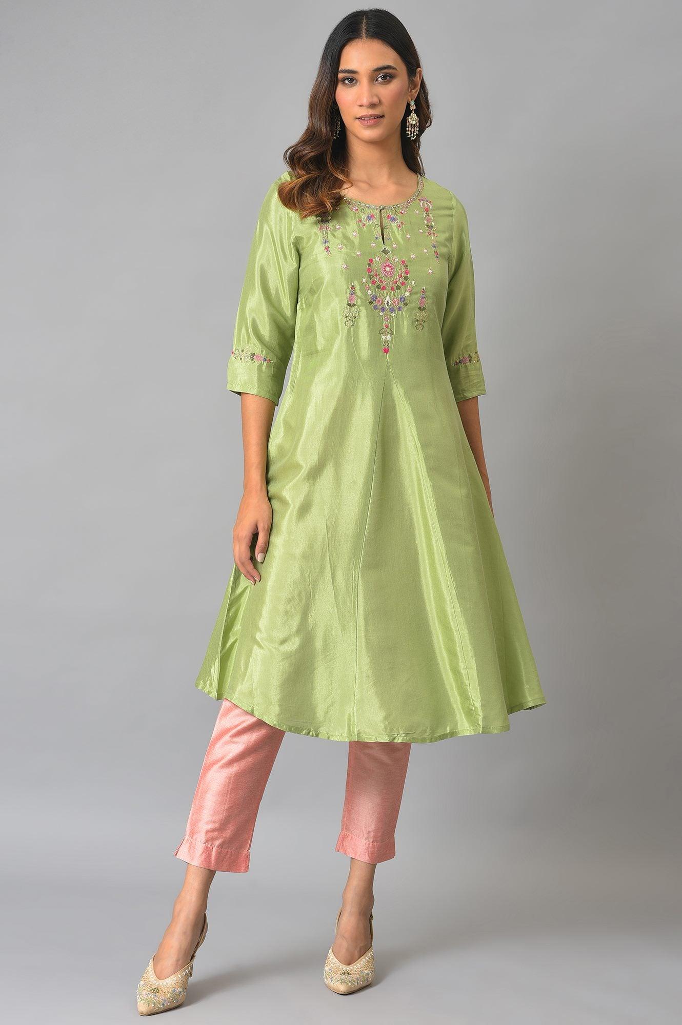 Green A-Line Embroidered Festive kurta - wforwoman