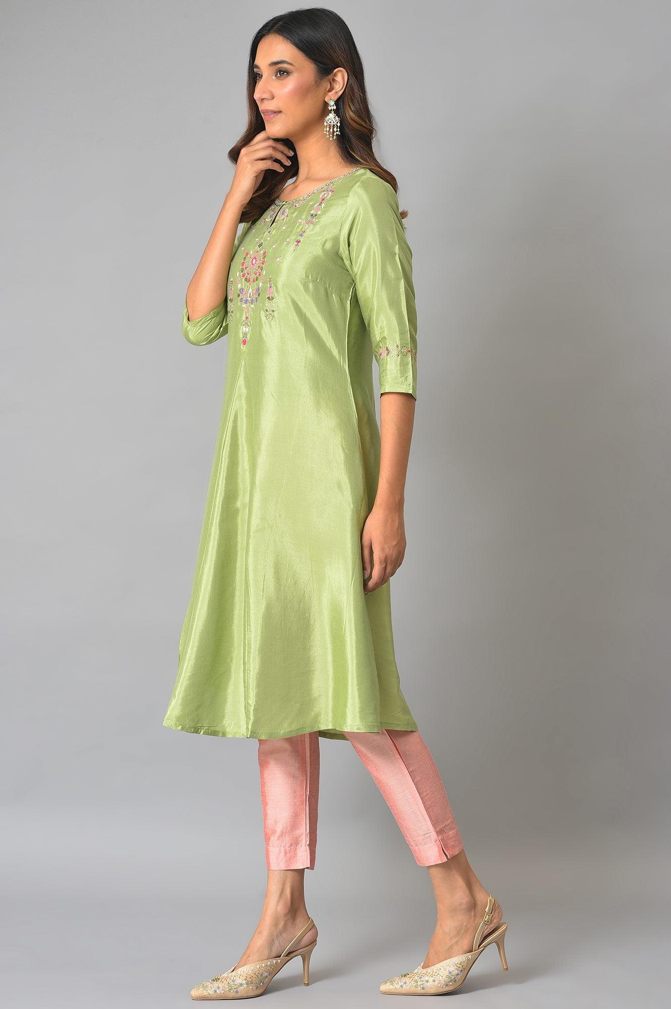 Green A-Line Embroidered Festive kurta - wforwoman