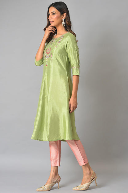 Green A-Line Embroidered Festive kurta - wforwoman