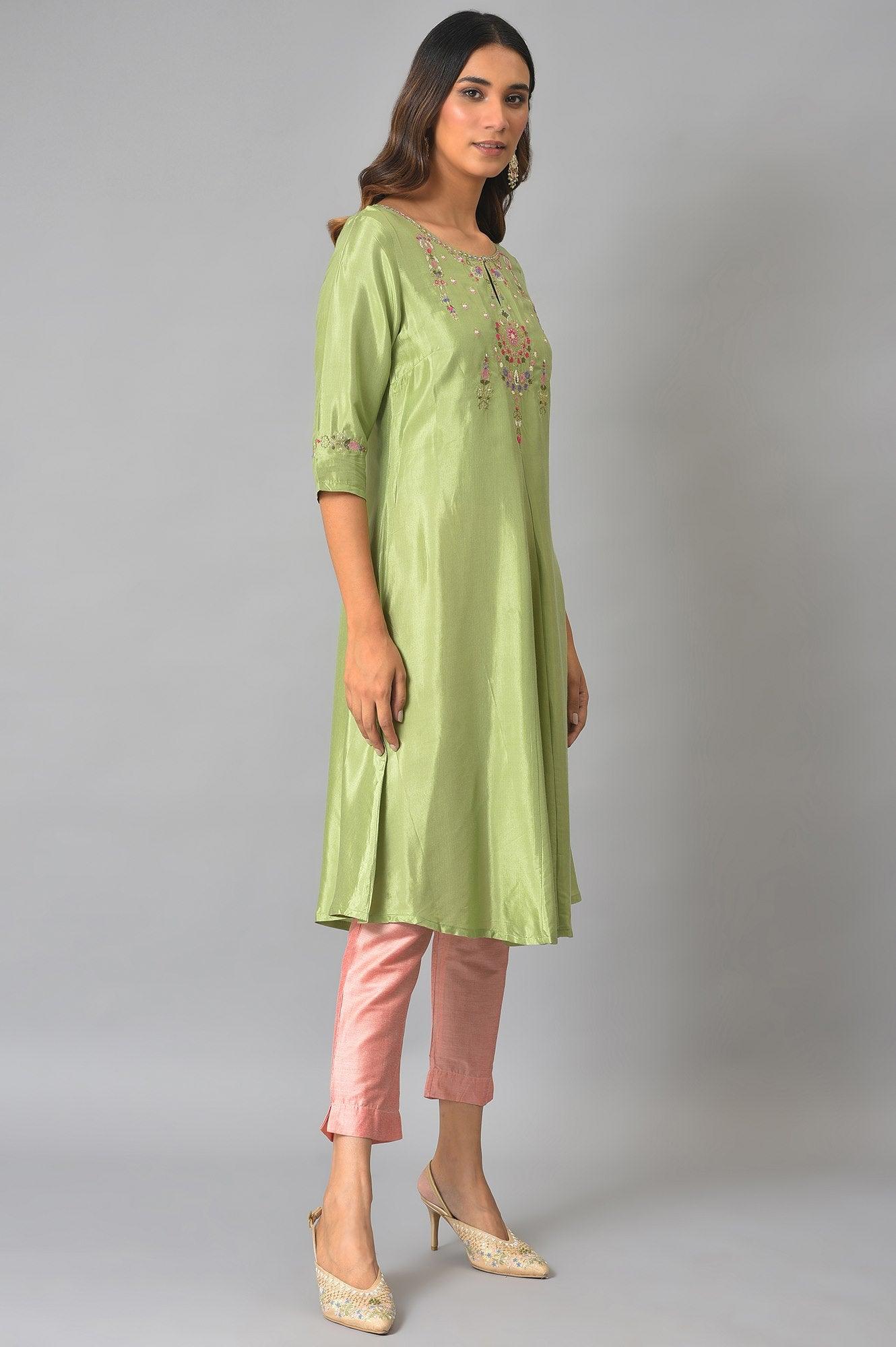Green A-Line Embroidered Festive kurta - wforwoman