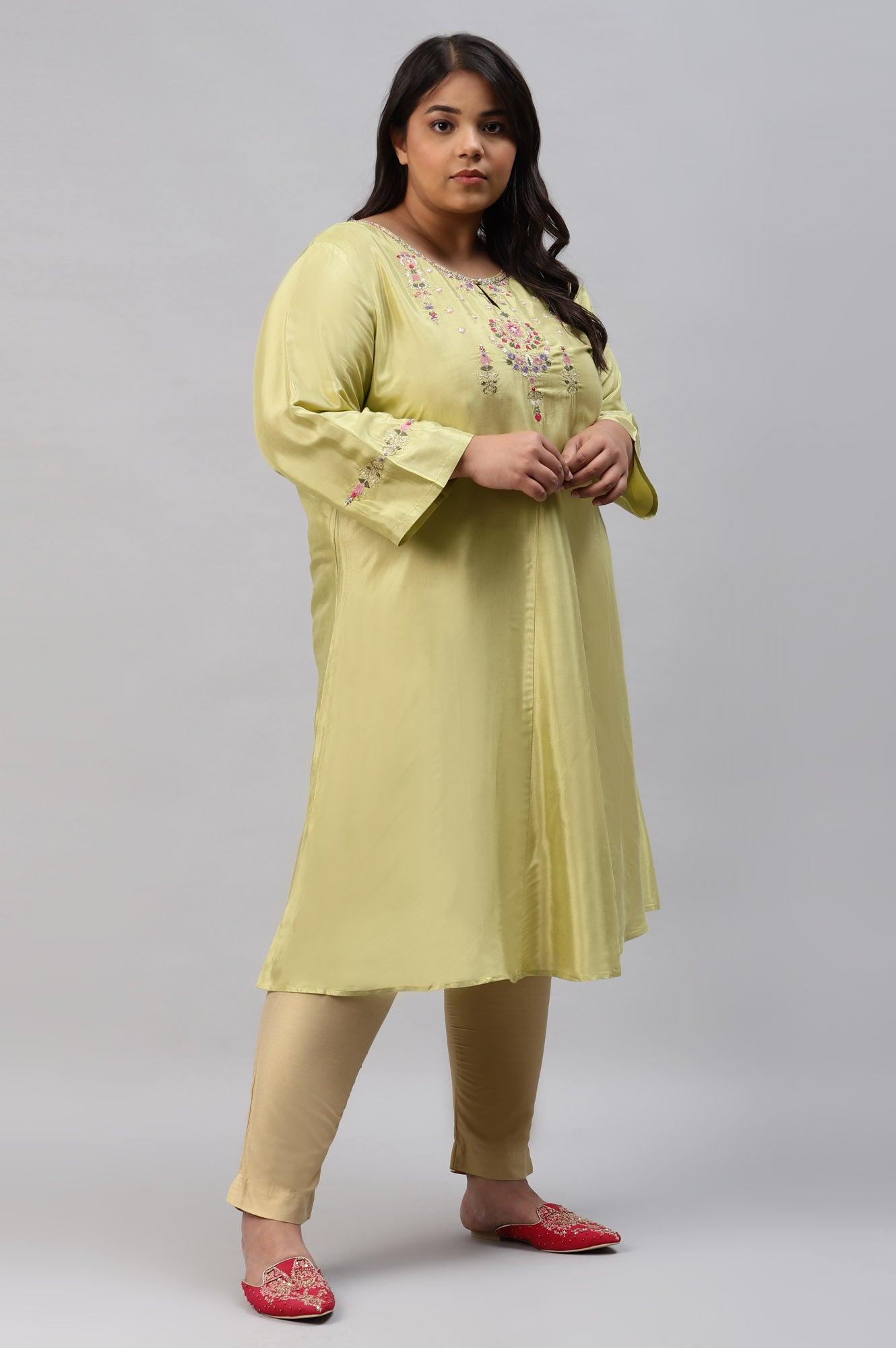 Plus Size Green Embroidered A-Line kurta - wforwoman