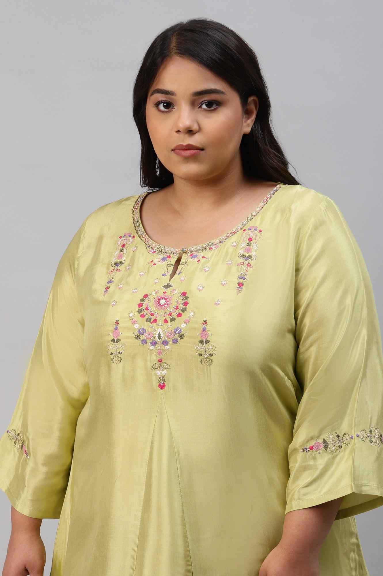 Plus Size Green Embroidered A-Line kurta - wforwoman