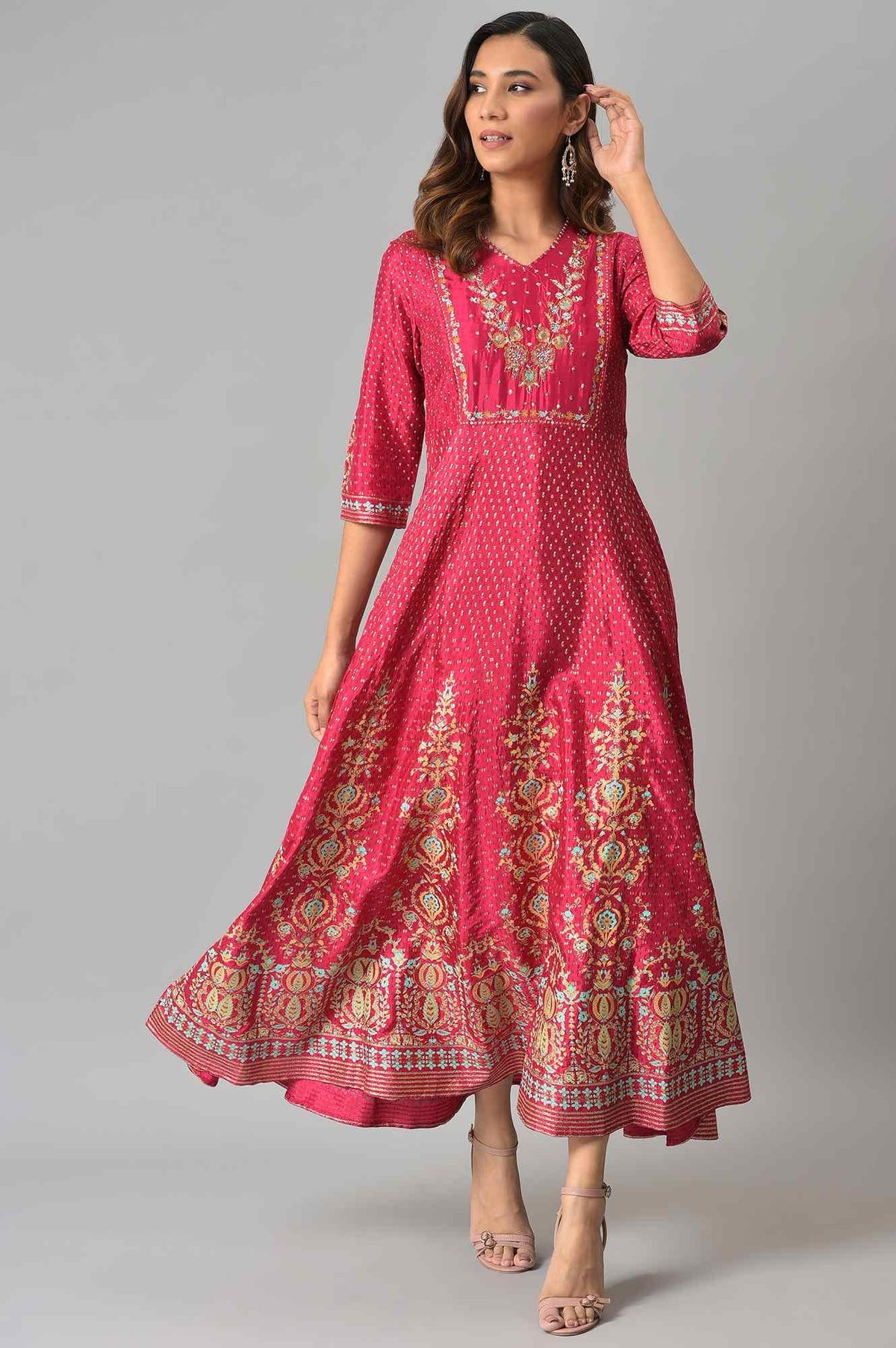 Dark Pink Floral Print Kalidar Dress - XS