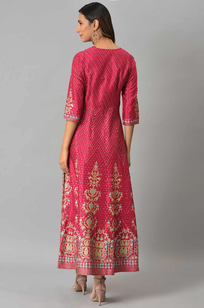 Dark Pink Floral Print Kalidar Dress - wforwoman