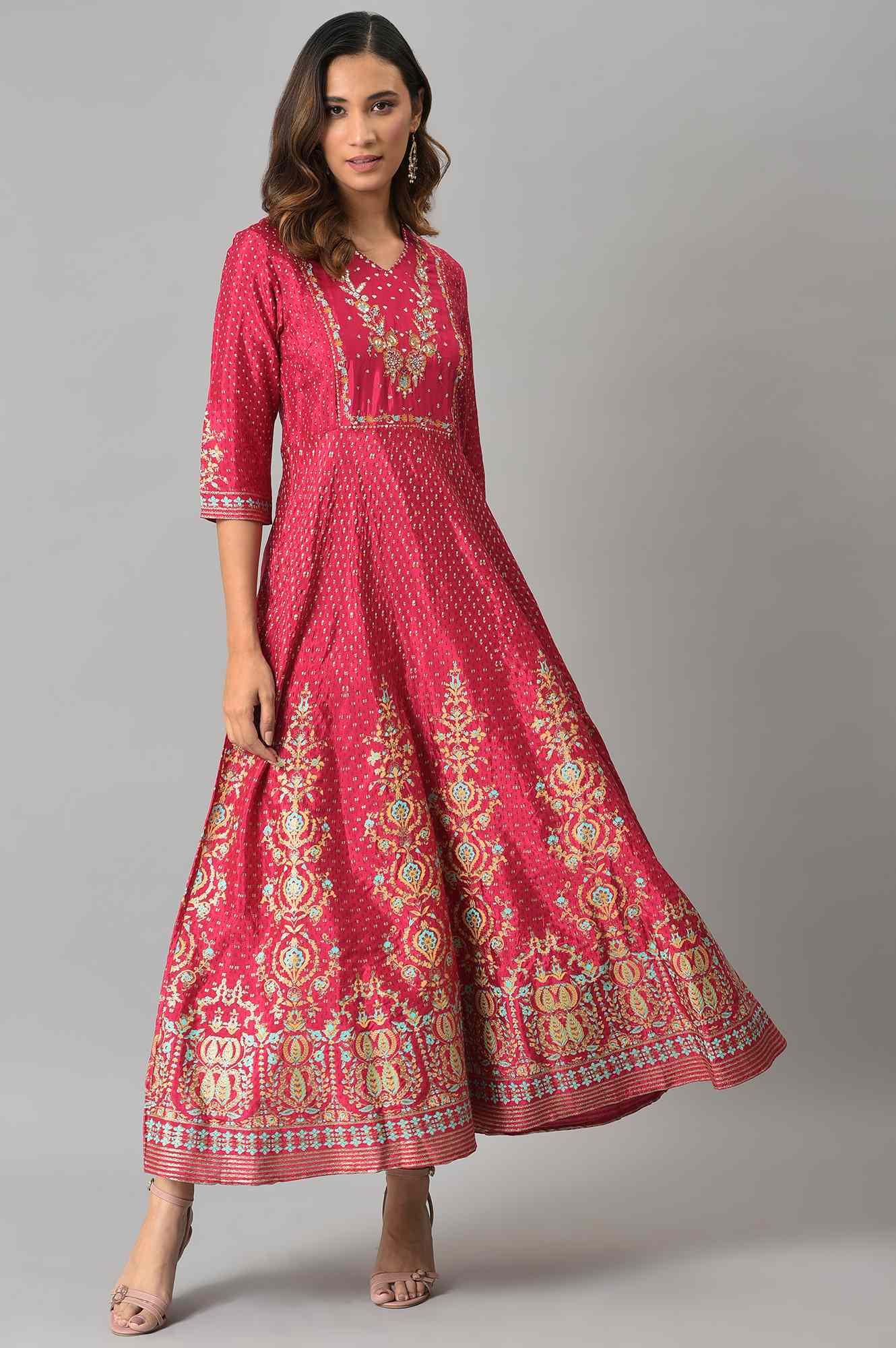 Dark Pink Floral Print Kalidar Dress - wforwoman