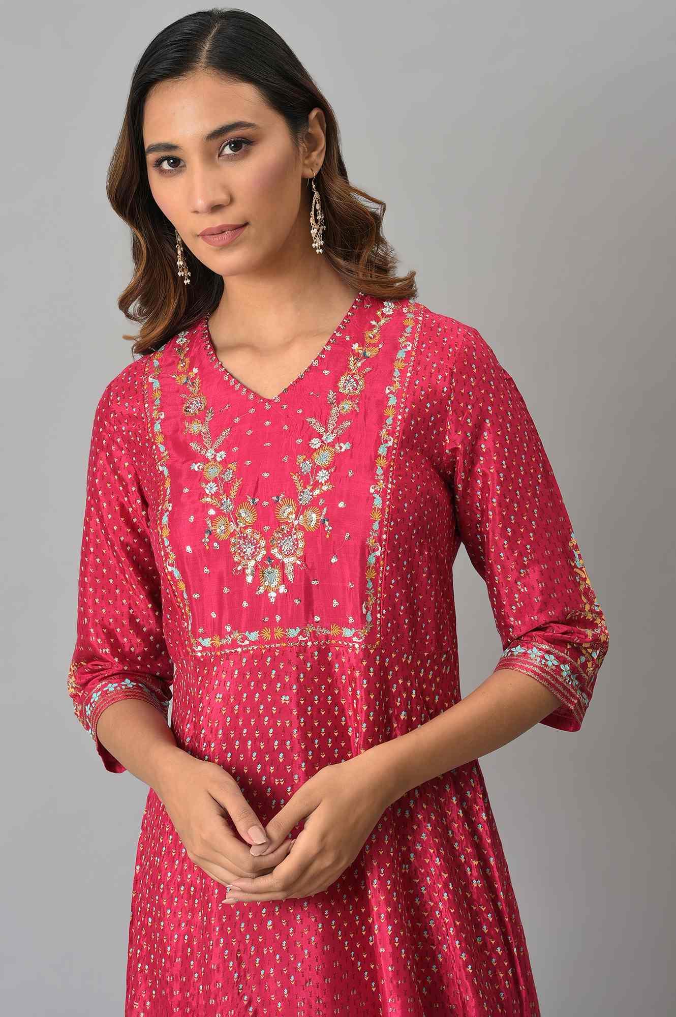 Dark Pink Floral Print Kalidar Dress - wforwoman