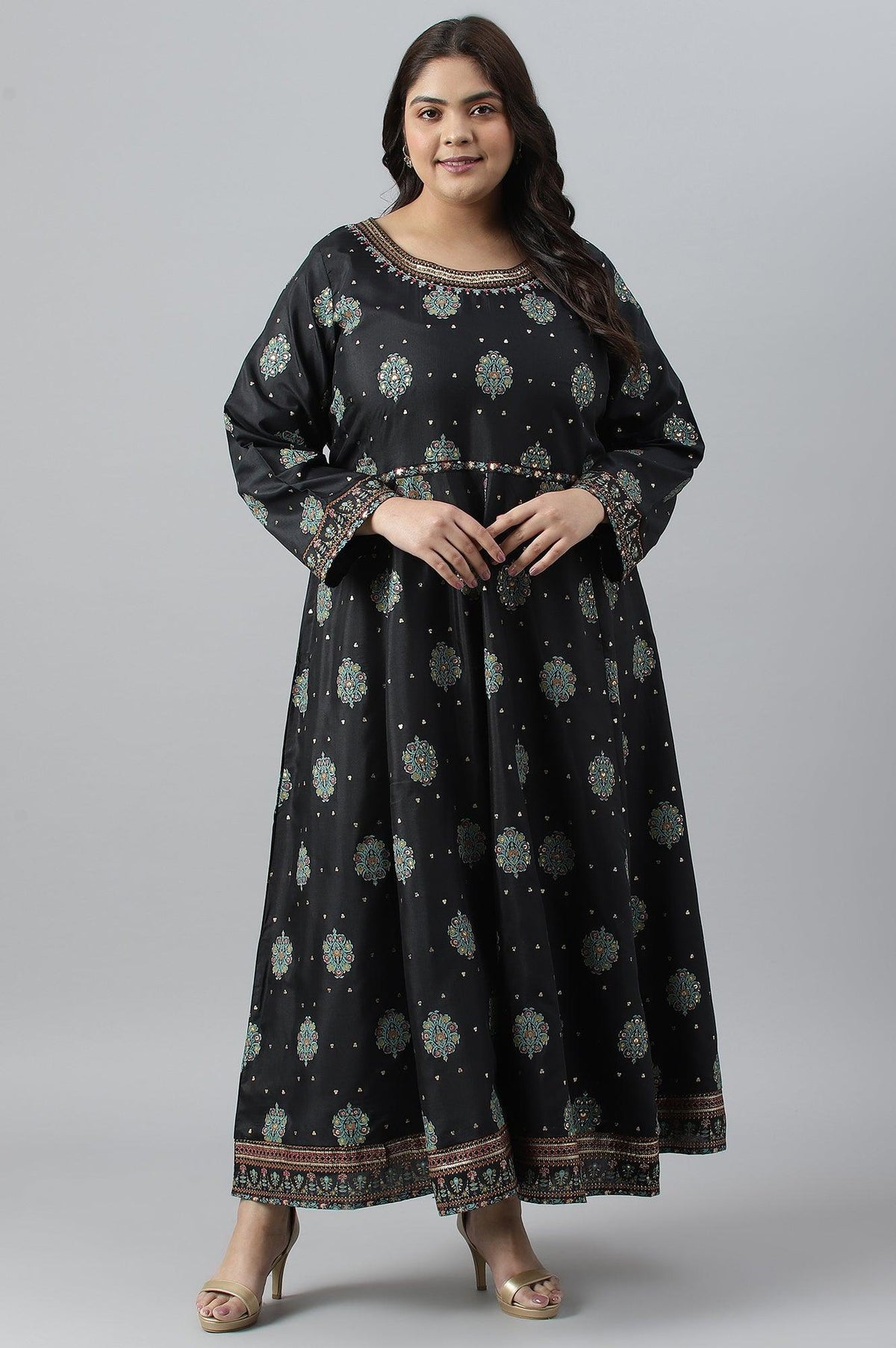 Jet Black Printed Kalidar Embroidered Plus Size Dress - 20