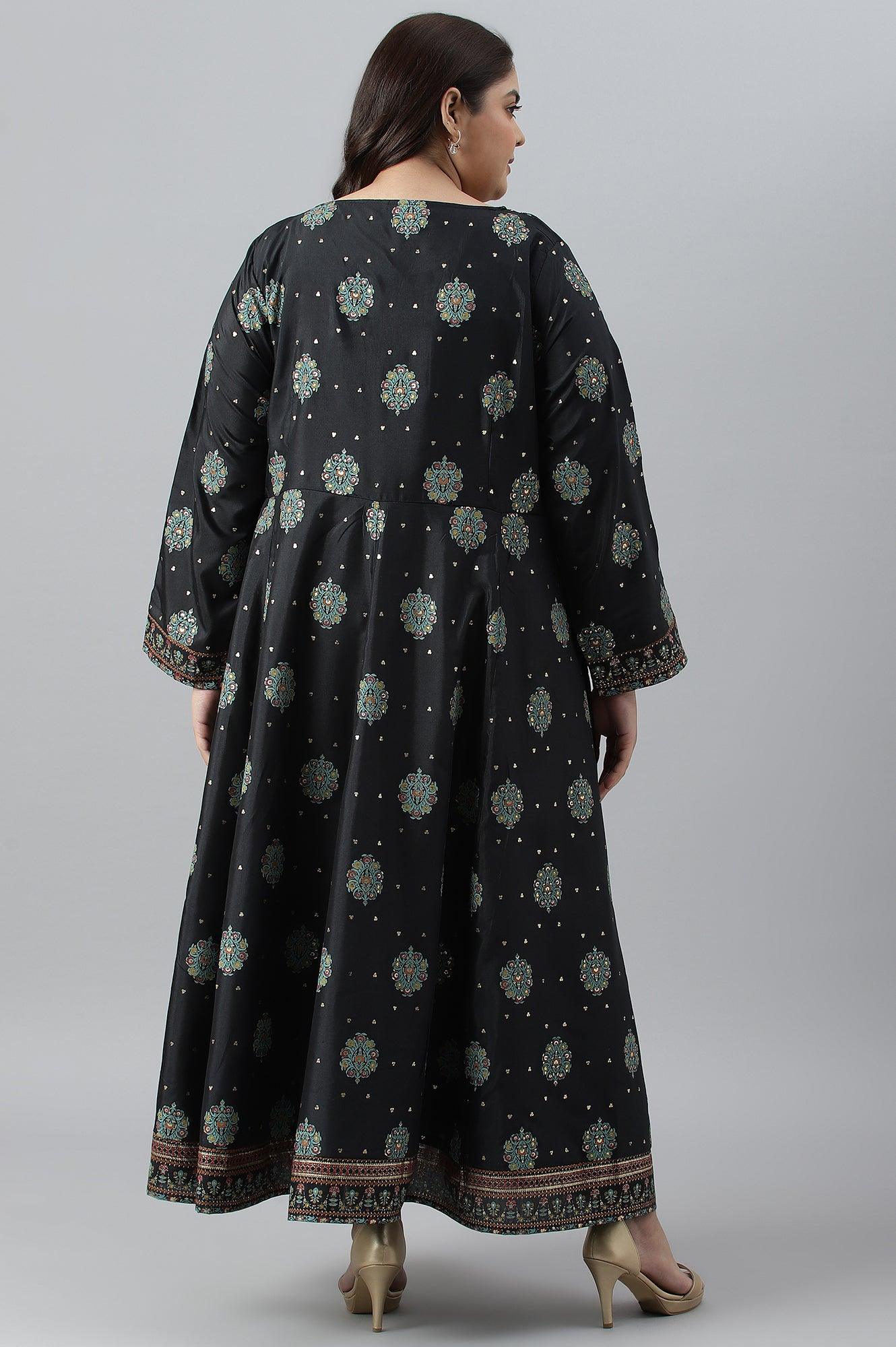 Jet Black Printed Kalidar Embroidered Plus Size Dress - wforwoman