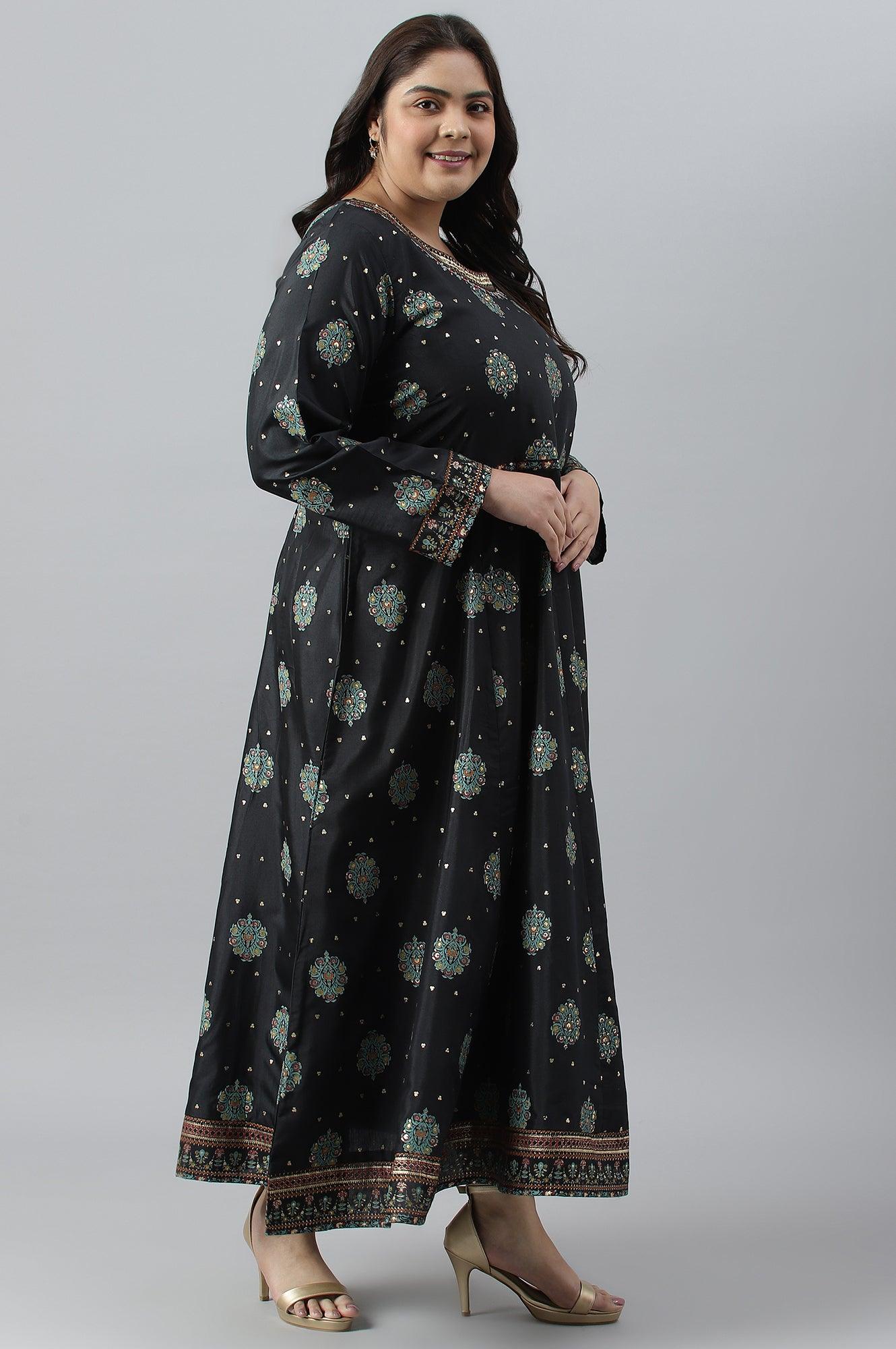 Jet Black Printed Kalidar Embroidered Plus Size Dress - wforwoman