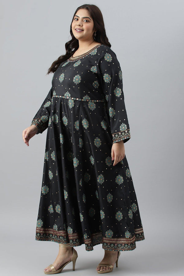 Jet Black Printed Kalidar Embroidered Plus Size Dress