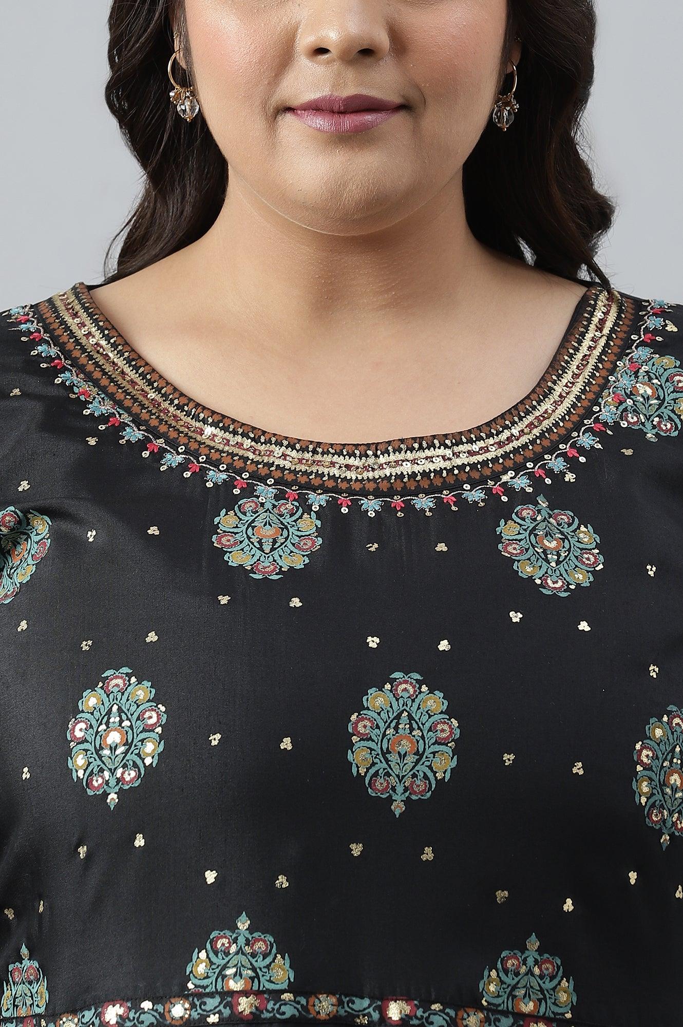 Jet Black Printed Kalidar Embroidered Plus Size Dress - wforwoman
