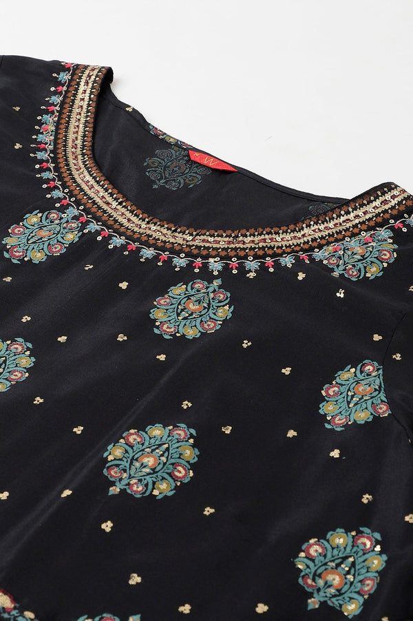 Jet Black Printed Kalidar Embroidered Plus Size Dress