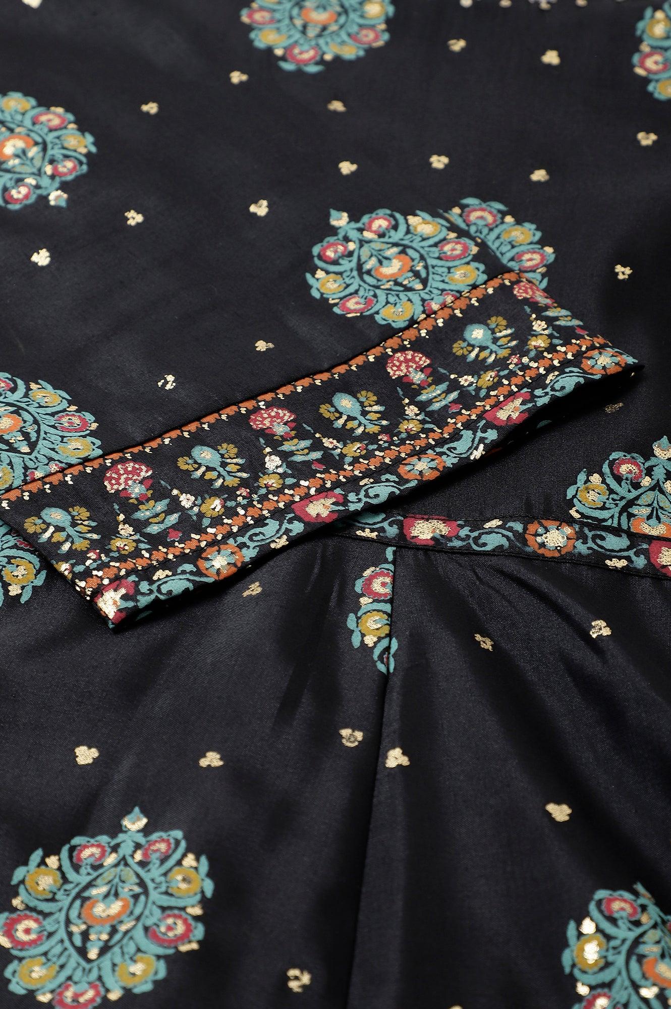 Jet Black Printed Kalidar Embroidered Plus Size Dress - wforwoman