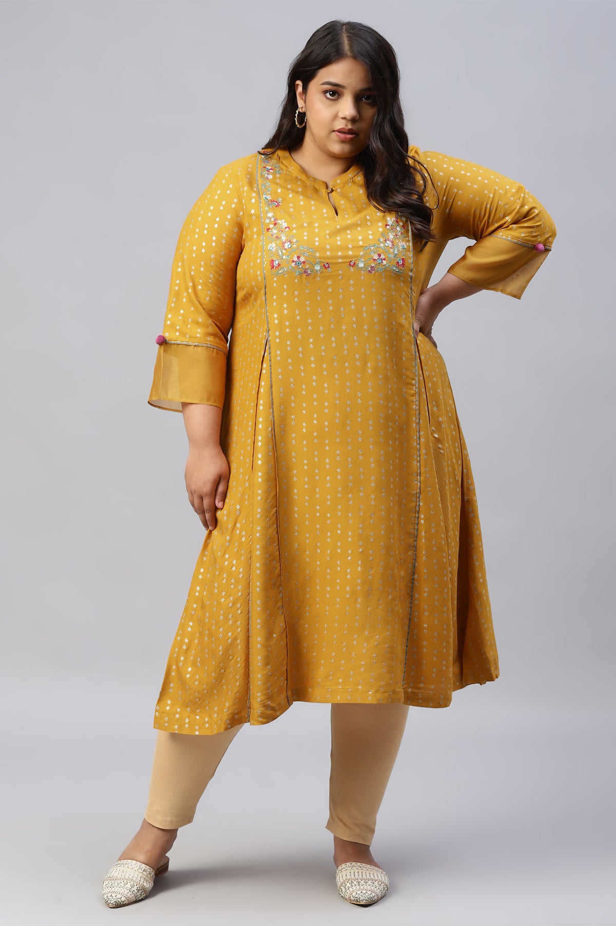 Mustard Glitter Printed And Embroidered Plus Size kurta - 4XL