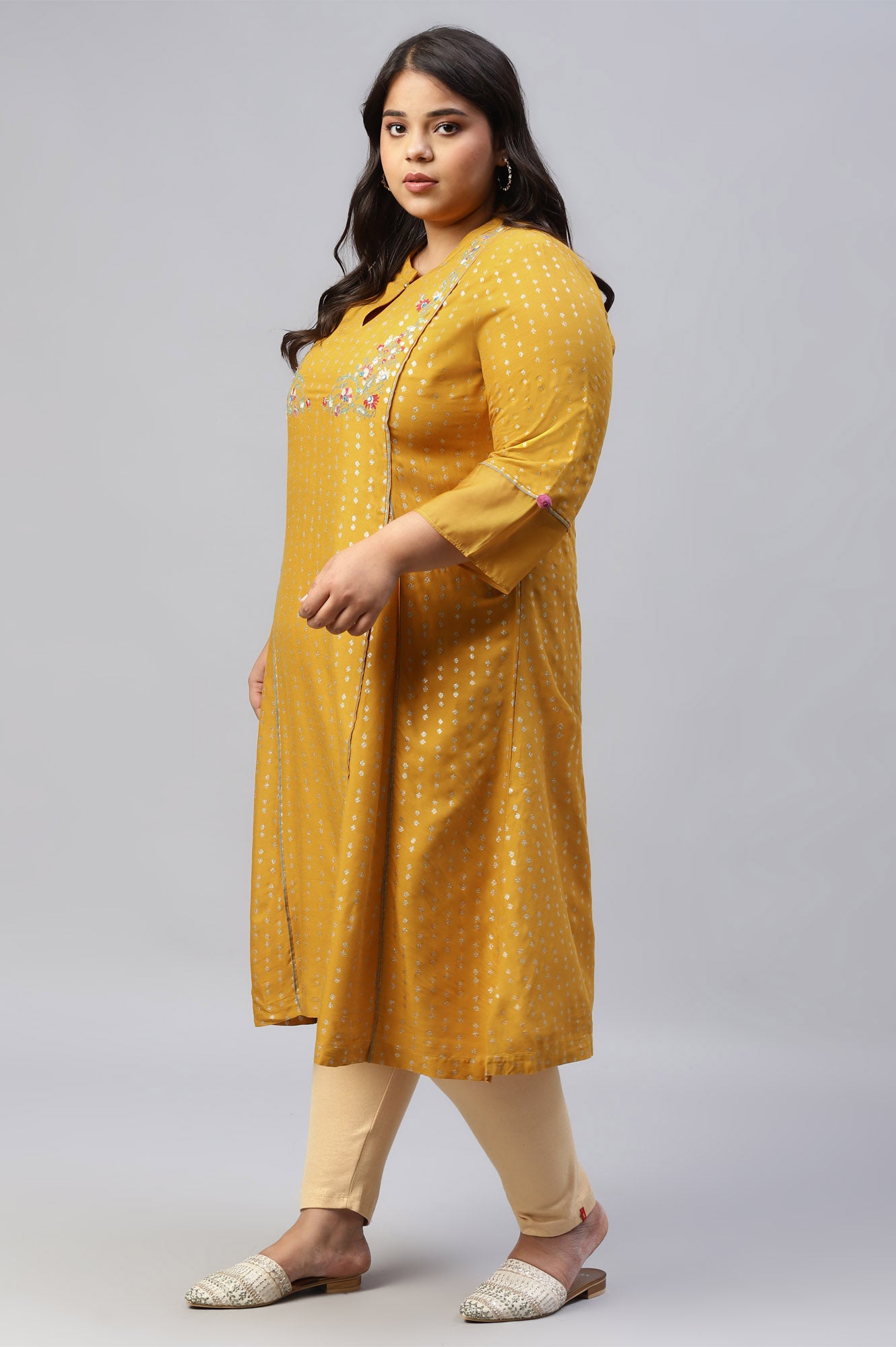 Mustard Glitter Printed And Embroidered Plus Size kurta