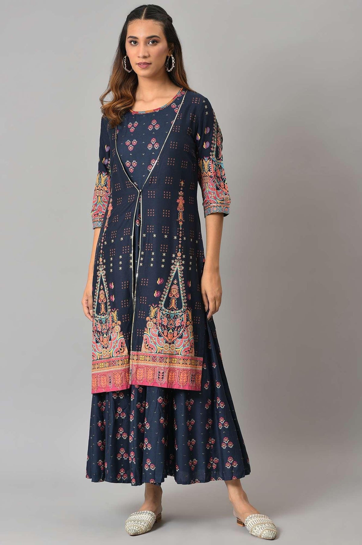 Dark Blue Printed Duo Dress Set - XS