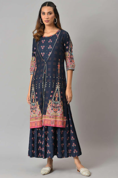 Dark Blue Printed Duo Dress Set - wforwoman