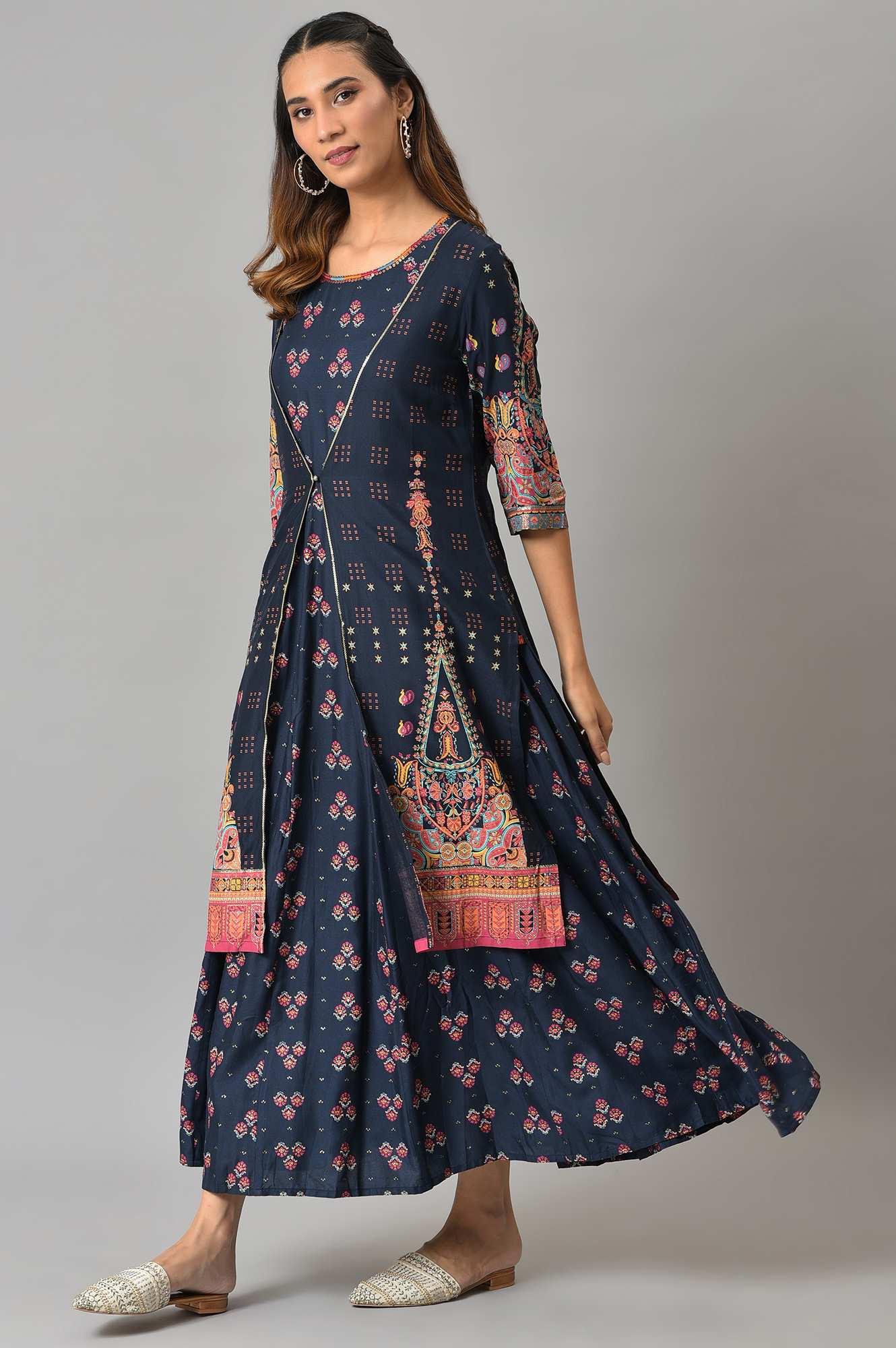 Dark Blue Printed Duo Dress Set - wforwoman