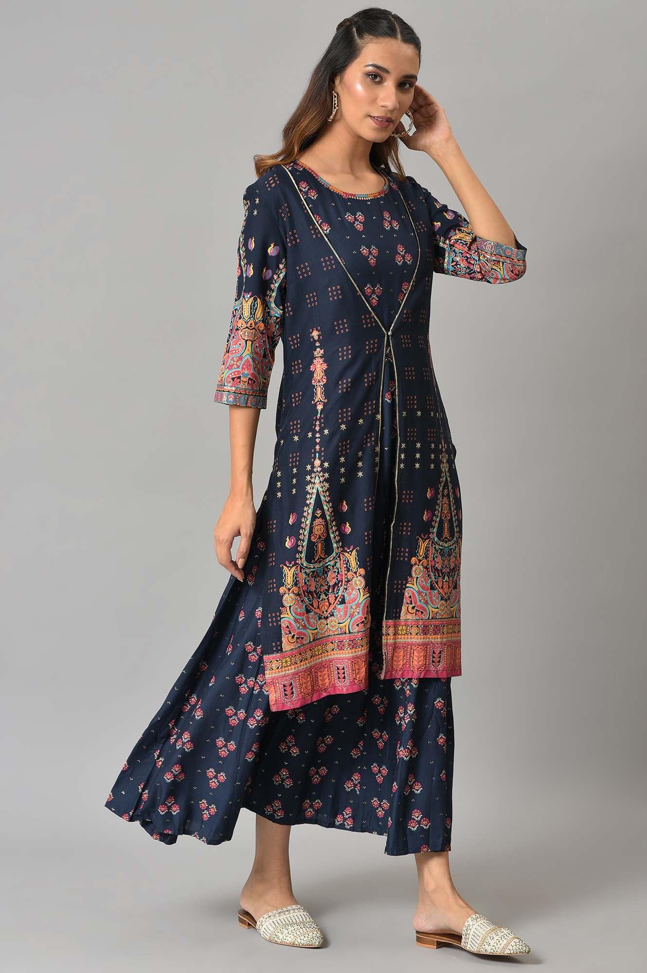 Dark Blue Printed Duo Dress Set - wforwoman