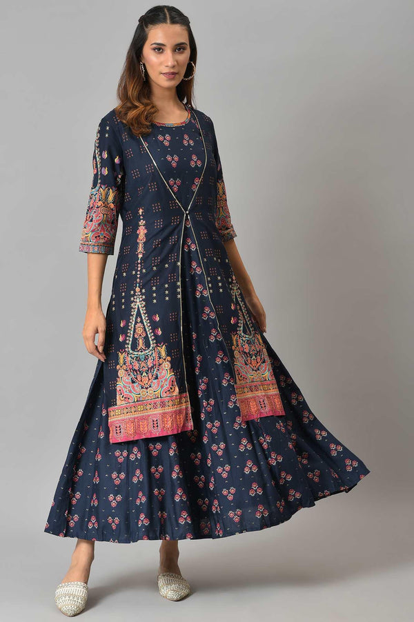 Dark Blue Printed Duo Dress Set