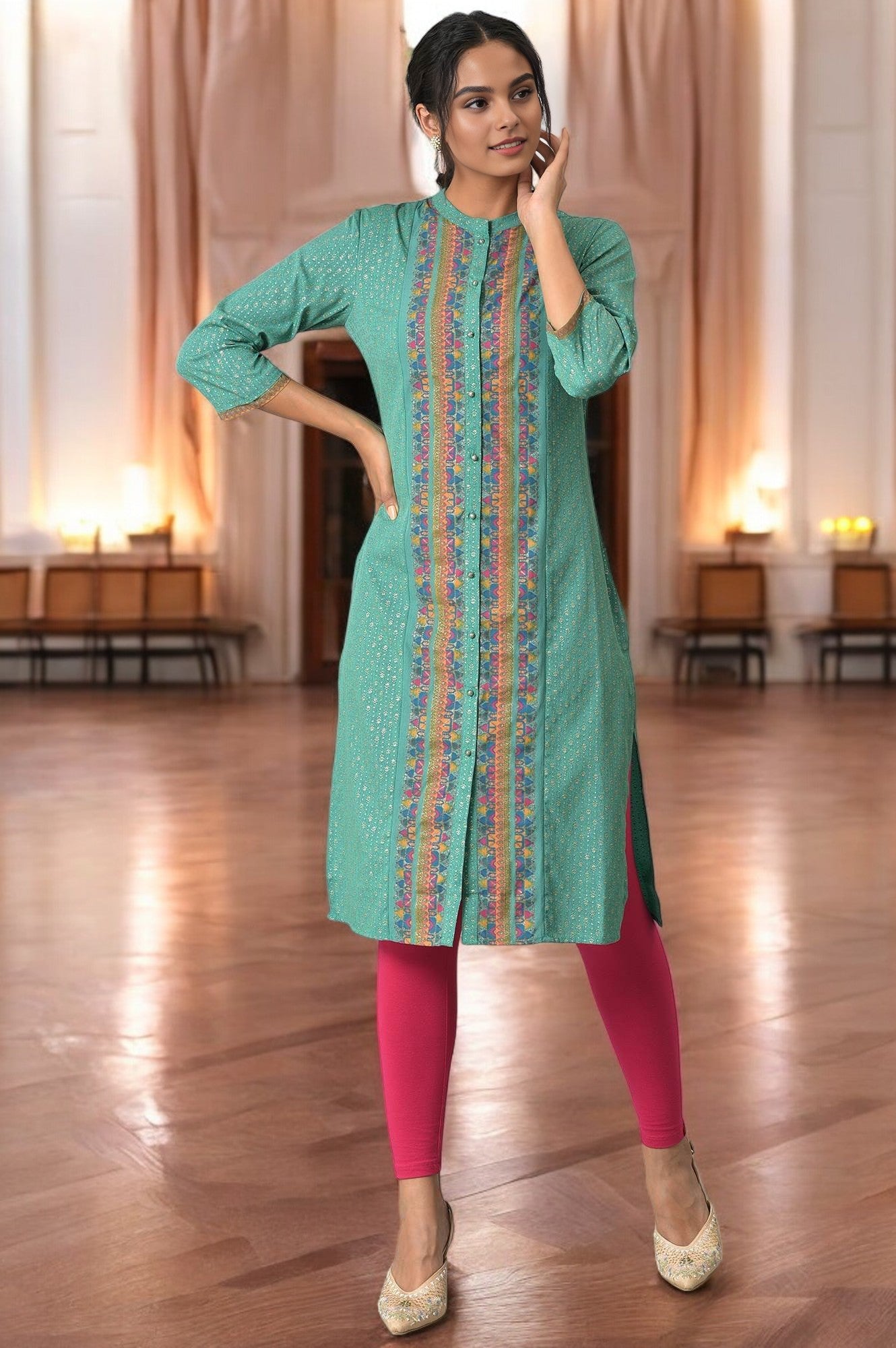 Pop Green Printed Festive Full Placket kurta