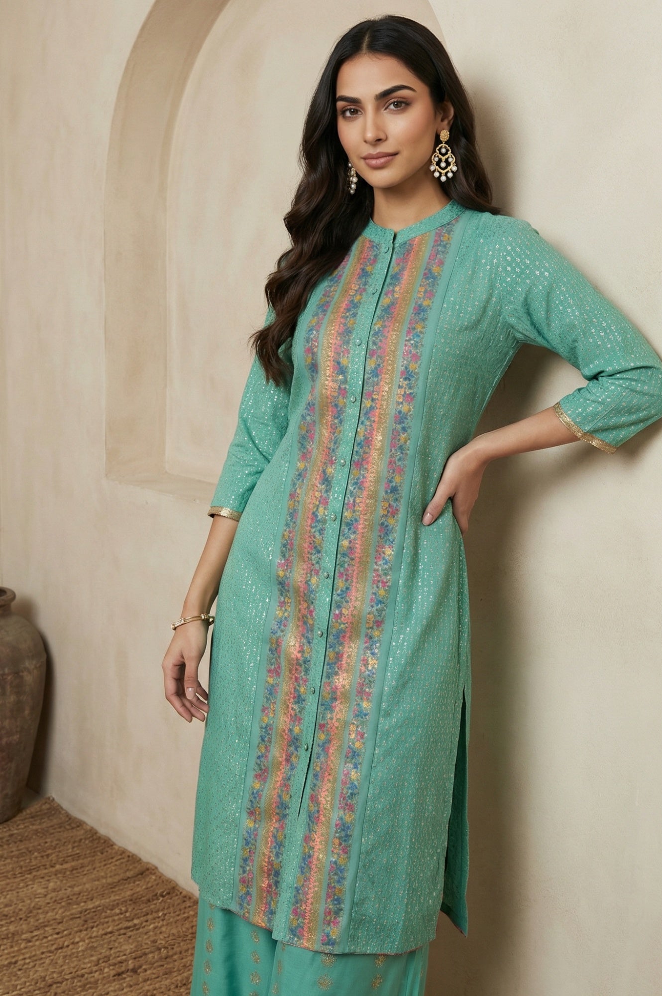 Pop Green Printed Festive Full Placket kurta