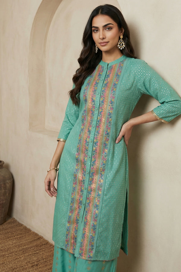 Pop Green Printed Festive Full Placket kurta