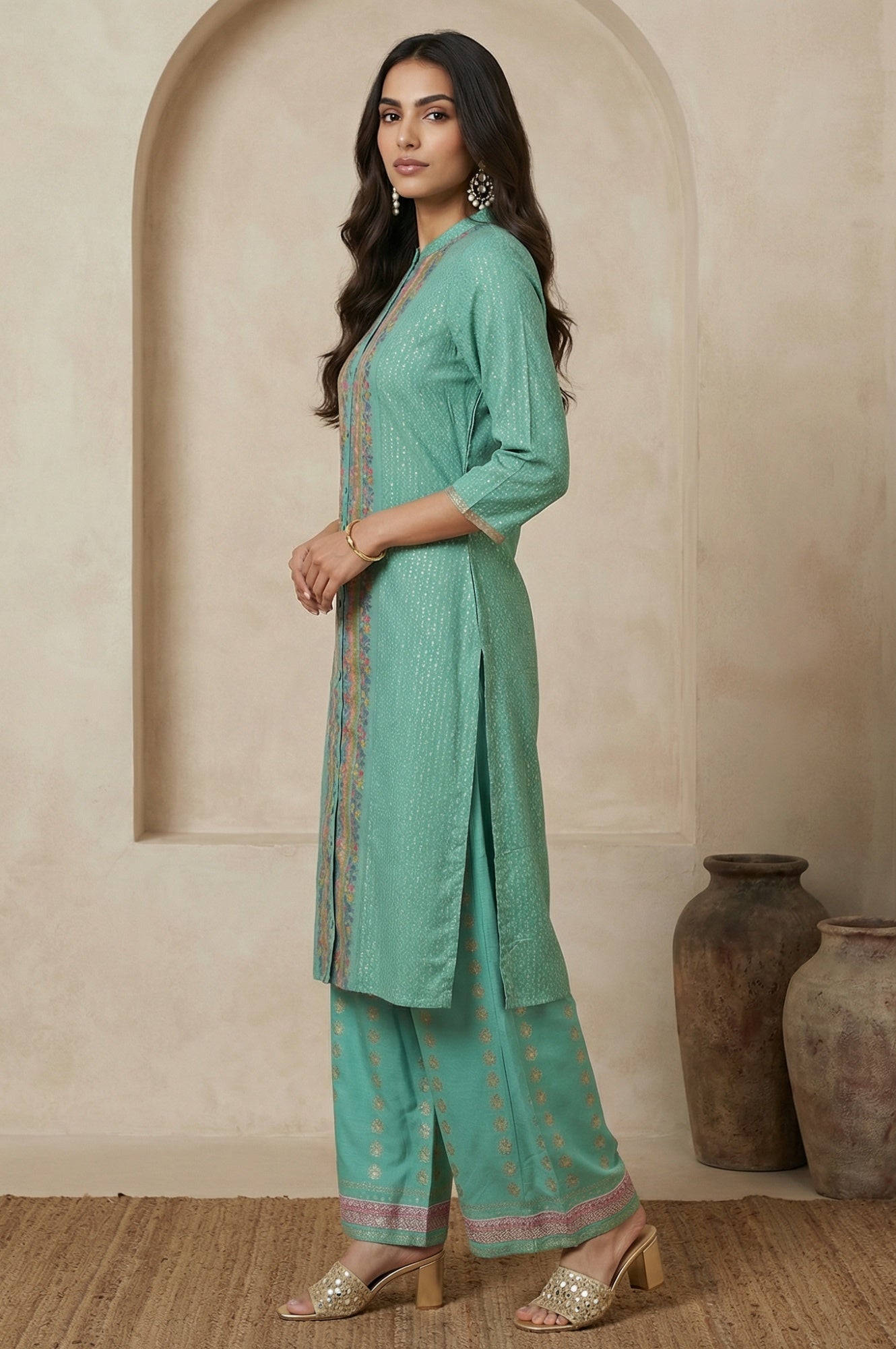 Pop Green Printed Festive Full Placket kurta