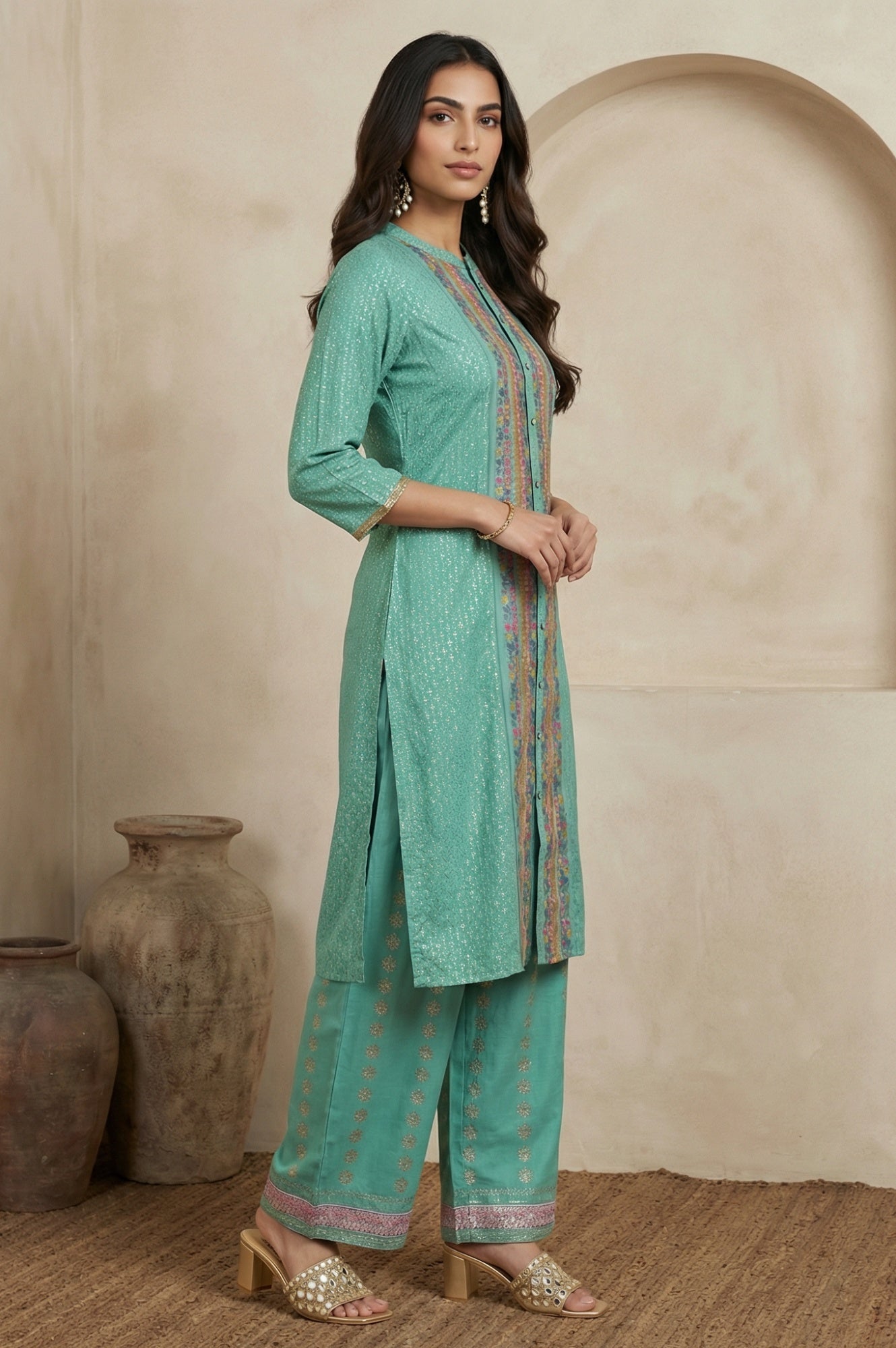 Pop Green Printed Festive Full Placket kurta