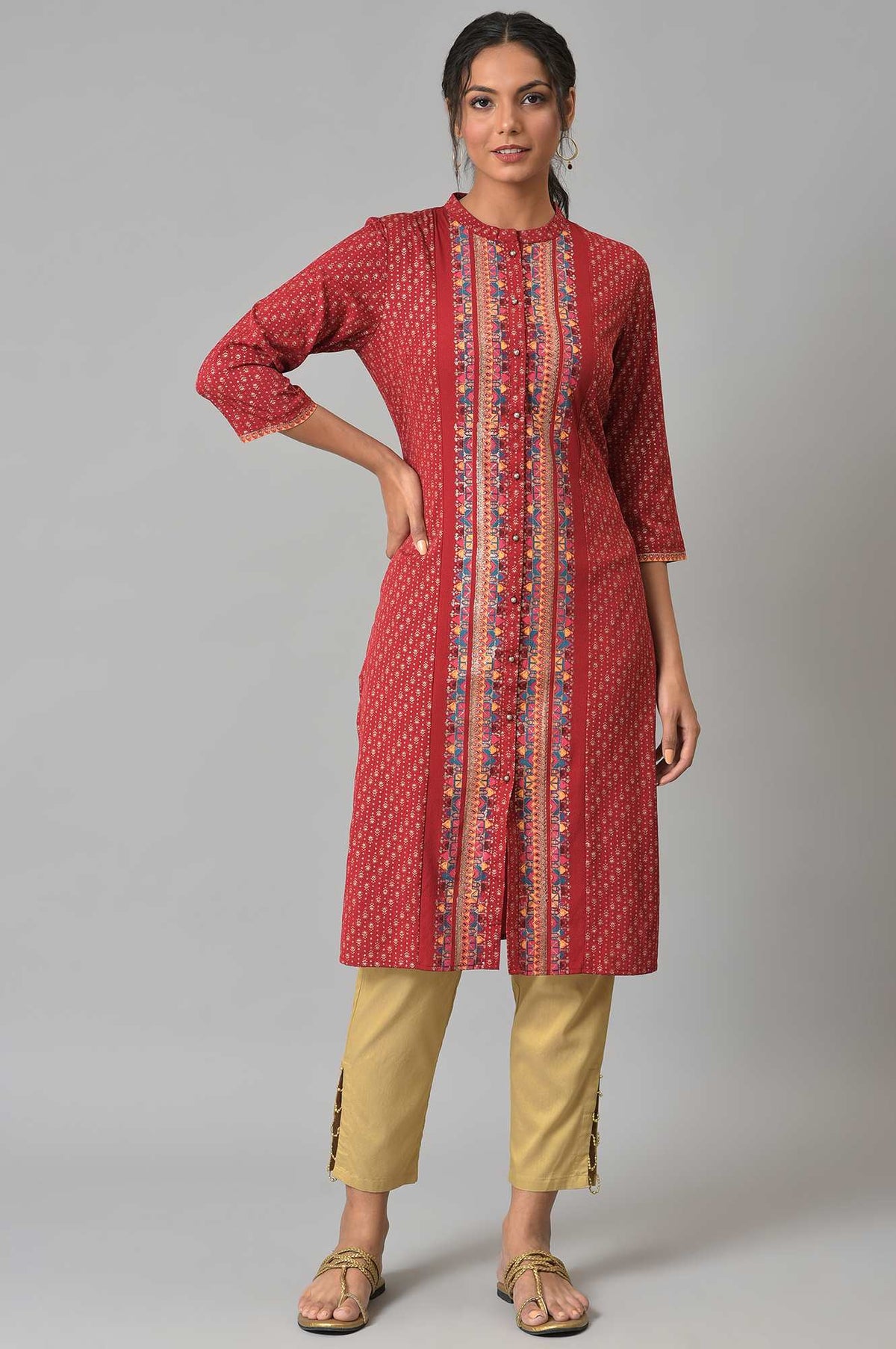Red Placement Print Festive kurta - XS