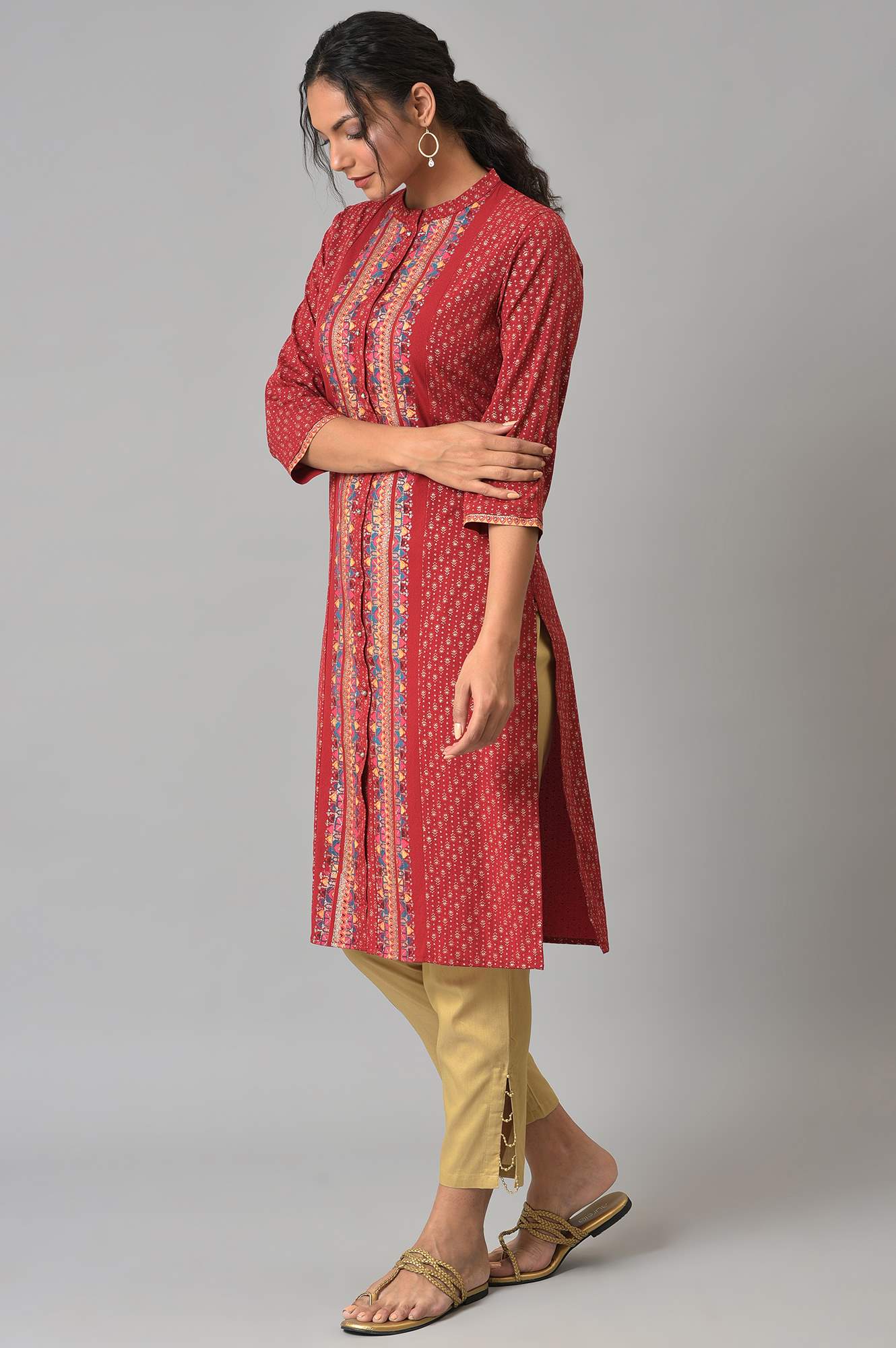 Red Placement Print Festive kurta
