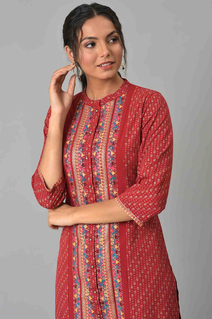Red Geometric Printed American Crepe Straight Kurta with Slim Pant Set
